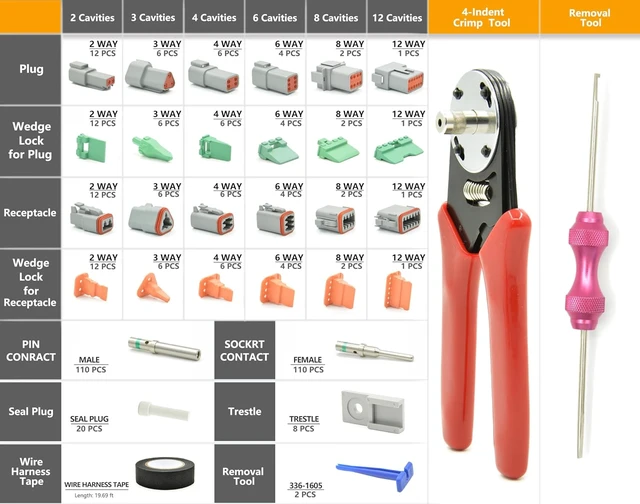Alt view image 3 of 7 - 378 PCS DT Deutsch Series Waterproof Connector Kit, 2 3 4 6 8 12 Pin Connectors, Crimping Tool(12-20AWG) & DT Removal Tool, Size 16 Solid Terminal Contacts (14-20AWG) for Cars Motorcycle Boat