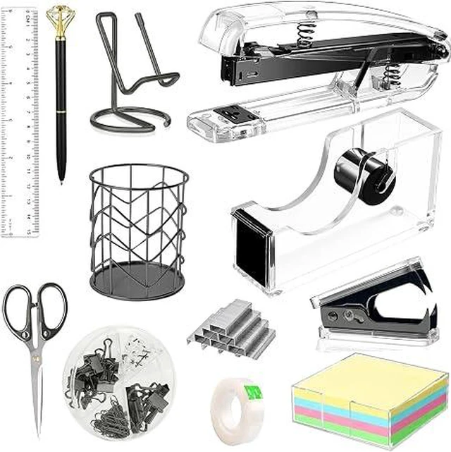 Main image of Office Desk Accessories, Acrylic Stapler, Staple Remover, Tape Holder, Pen Holder, Ballpoint Pen, Scissor, Binder Clips, 1000pcs Staples, Phone Holder, Ruler, Transparent Glue and 300 Notes