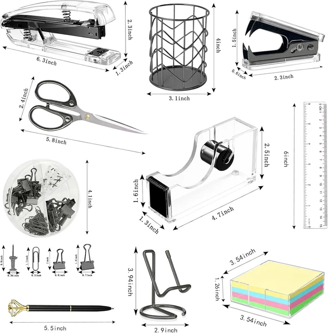Alt view image 2 of 6 - Office Desk Accessories, Acrylic Stapler, Staple Remover, Tape Holder, Pen Holder, Ballpoint Pen, Scissor, Binder Clips, 1000pcs Staples, Phone Holder, Ruler, Transparent Glue and 300 Notes