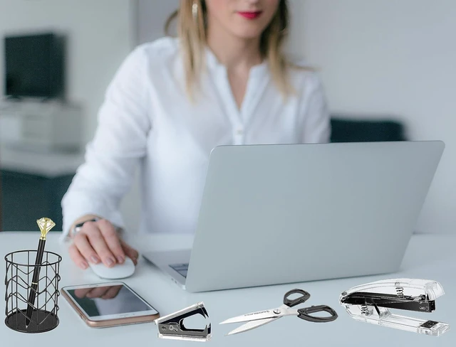 Alt view image 4 of 6 - Office Desk Accessories, Acrylic Stapler, Staple Remover, Tape Holder, Pen Holder, Ballpoint Pen, Scissor, Binder Clips, 1000pcs Staples, Phone Holder, Ruler, Transparent Glue and 300 Notes