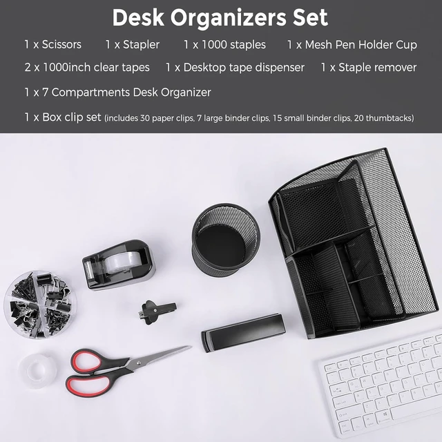 Alt view image 5 of 7 - 10 Pcs Black Office Supplies, Black Office Desk Accessories
Mesh Desk Organizer, Stapler, Tape Dispenser, Scissors, Binder/Paper Clips and 1000pcs Staples, Desk Supplies Set