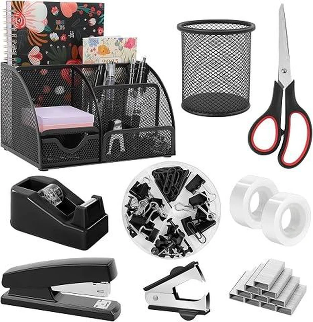 Alt view image 6 of 7 - 10 Pcs Black Office Supplies, Black Office Desk Accessories
Mesh Desk Organizer, Stapler, Tape Dispenser, Scissors, Binder/Paper Clips and 1000pcs Staples, Desk Supplies Set