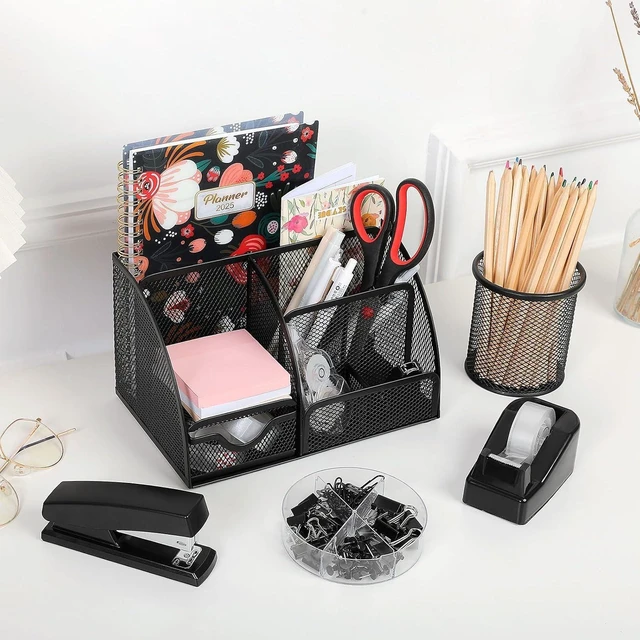 Main image of 10 Pcs Black Office Supplies, Black Office Desk Accessories
Mesh Desk Organizer, Stapler, Tape Dispenser, Scissors, Binder/Paper Clips and 1000pcs Staples, Desk Supplies Set