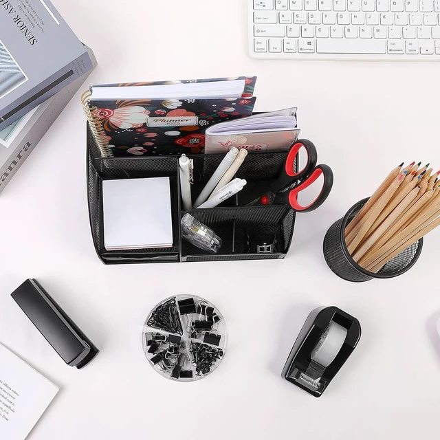 Alt view image 3 of 7 - 10 Pcs Black Office Supplies, Black Office Desk Accessories
Mesh Desk Organizer, Stapler, Tape Dispenser, Scissors, Binder/Paper Clips and 1000pcs Staples, Desk Supplies Set