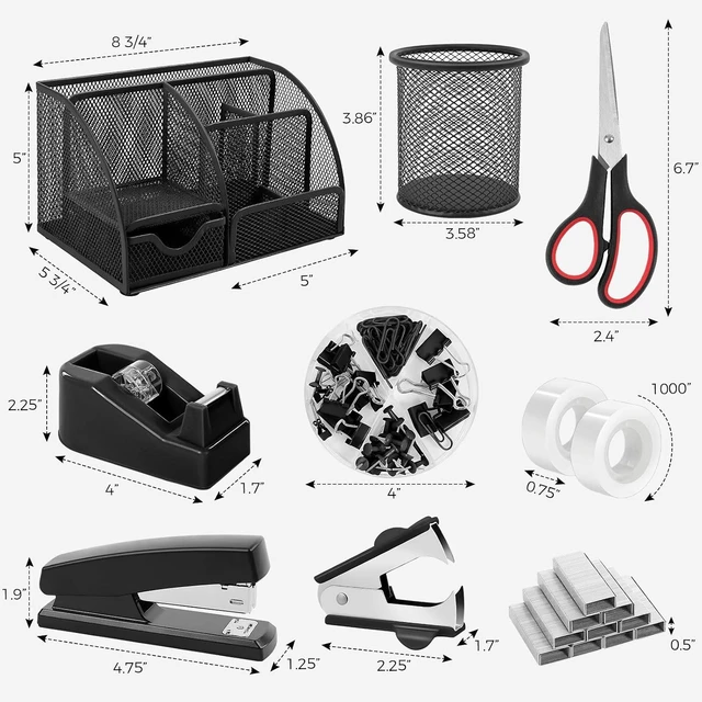 Alt view image 7 of 7 - 10 Pcs Black Office Supplies, Black Office Desk Accessories
Mesh Desk Organizer, Stapler, Tape Dispenser, Scissors, Binder/Paper Clips and 1000pcs Staples, Desk Supplies Set