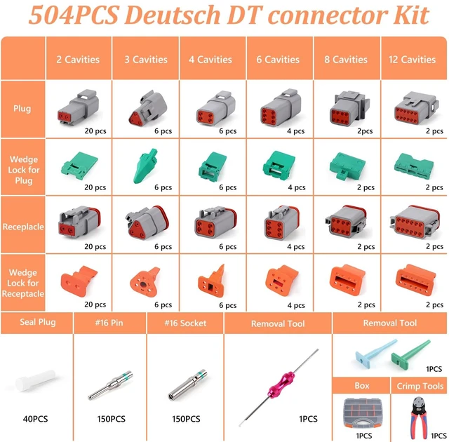 Alt view image 5 of 7 - 504PCS Deutsch Connectors Kit with Crimping Tool, 2/3/4/6/8/12 Pin DT Connectors with Removal Tool, Size 16 Solid Terminal Contacts, 14-18 AWG