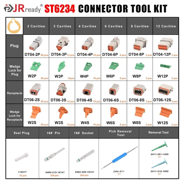 Alt view image 5 of 6 - ST6234 708 Pcs DT Deutsch Connector Kit with Solid Pins 14-16AWG DT 2 3 4 6 8 12 Pin Gray Waterproof Connectors, Solid Contacts 14-16AWG, Removal Tool Included, Automotive Repair Accessory