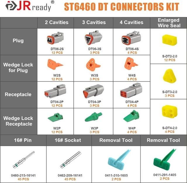 Alt view image 3 of 7 - ST6460 Deutsch DT Connector Kit 2 3 4 Pin, Solid Terminals 14-16AWG Special Yellow Seals Support 14AWG, DT 2 3 4 Pin Waterproof Connector, Size 16 Solid Contact 14-16AWG, Removal Tools Included