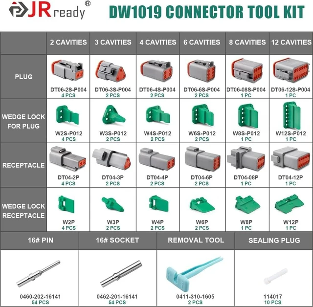 Alt view image 2 of 7 - DW1019 Deutsch DT Connector Kit IP68 With 16 AWG Solid Terminals DT 2 3 4 6 8 12 Pin Waterproof Electrical Connectors, Size 16 Solid Contacts Support Wire Gauge 16AWG, Removal Tool Included