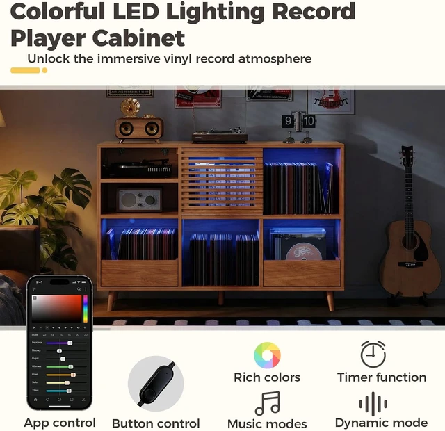 Alt view image 7 of 7 - Large Record Player Stand with 2 Drawers, Mid Century Modern, Turntable Stand Holds 1000+ Vinyl Records, with Charging Station & LED Light, Suitable for Living Room & Entertainment Room