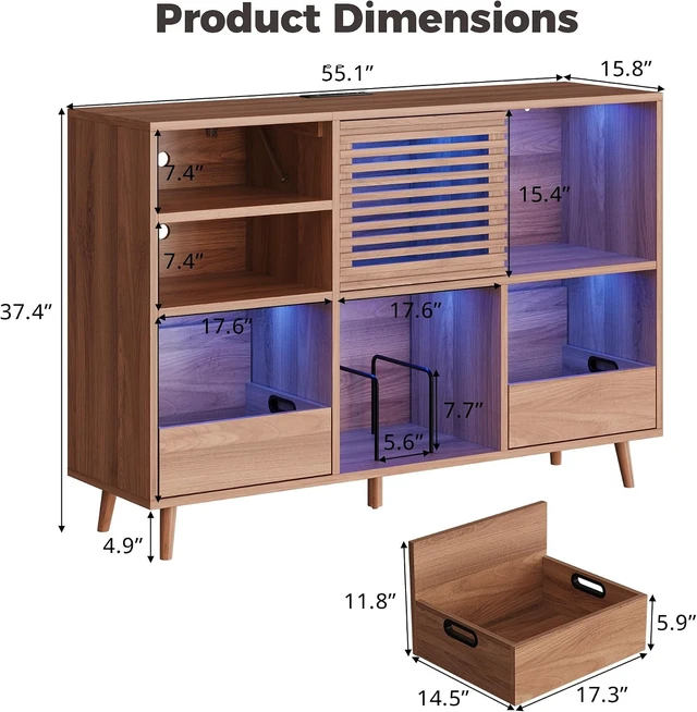 Alt view image 6 of 7 - Large Record Player Stand with 2 Drawers, Mid Century Modern, Turntable Stand Holds 1000+ Vinyl Records, with Charging Station & LED Light, Suitable for Living Room & Entertainment Room