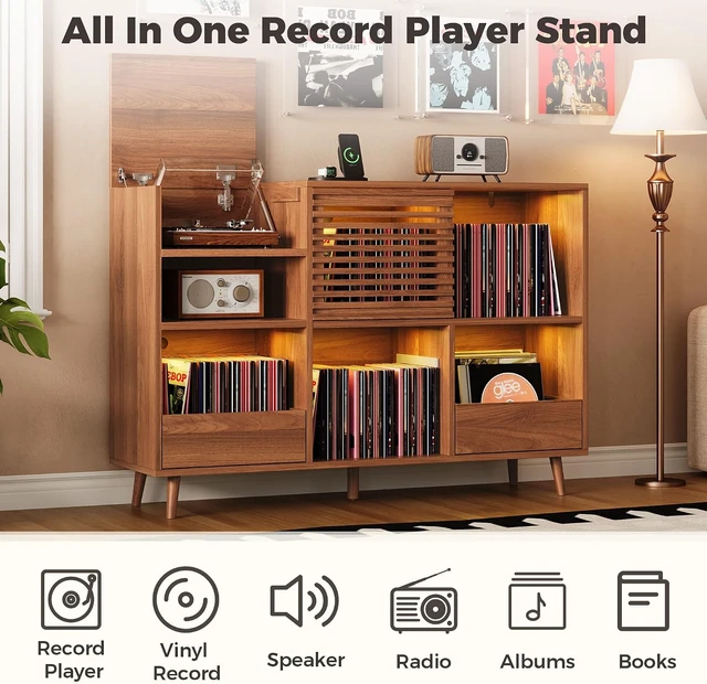 Alt view image 3 of 7 - Large Record Player Stand with 2 Drawers, Mid Century Modern, Turntable Stand Holds 1000+ Vinyl Records, with Charging Station & LED Light, Suitable for Living Room & Entertainment Room
