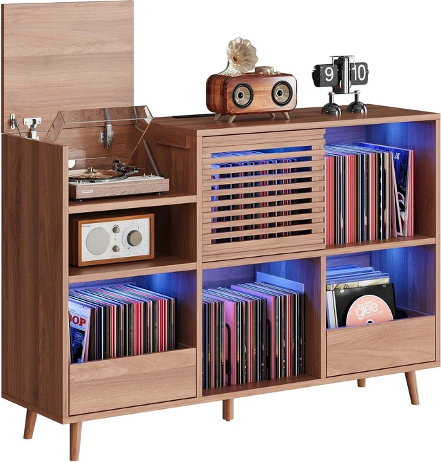 Main image of Large Record Player Stand with 2 Drawers, Mid Century Modern, Turntable Stand Holds 1000+ Vinyl Records, with Charging Station & LED Light, Suitable for Living Room & Entertainment Room