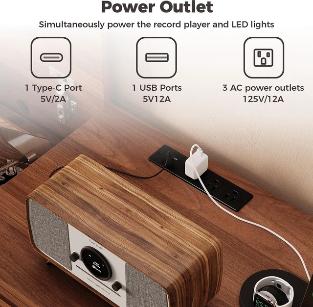 Alt view image 2 of 7 - Large Record Player Stand with 2 Drawers, Mid Century Modern, Turntable Stand Holds 1000+ Vinyl Records, with Charging Station & LED Light, Suitable for Living Room & Entertainment Room