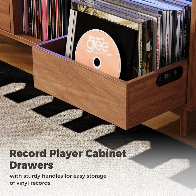 Alt view image 4 of 7 - Large Record Player Stand with 2 Drawers, Mid Century Modern, Turntable Stand Holds 1000+ Vinyl Records, with Charging Station & LED Light, Suitable for Living Room & Entertainment Room