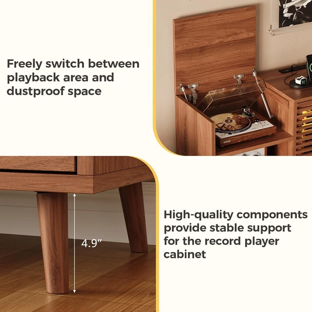 Alt view image 5 of 7 - Large Record Player Stand with 2 Drawers, Mid Century Modern, Turntable Stand Holds 1000+ Vinyl Records, with Charging Station & LED Light, Suitable for Living Room & Entertainment Room