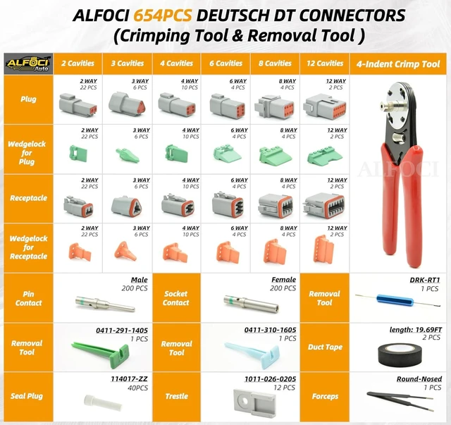 Alt view image 4 of 7 - 654 PCS DT Deustch Connector Kit, 2 3 4 6 8 12 Pin Waterproof Automotive Electrical Connectors, Including Deutsch Crimping Tool, Removal Tool, 200Pair 16# Solid Contacts for Boat Car(654PCS & Crimper)