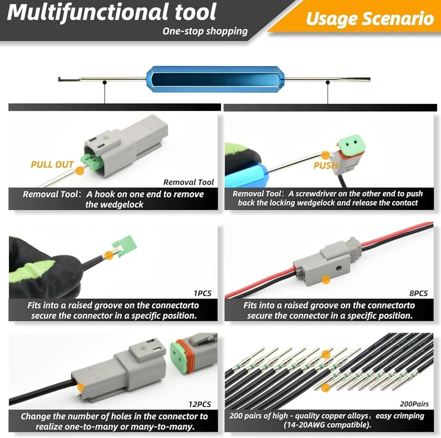 Alt view image 2 of 7 - 654 PCS DT Deustch Connector Kit, 2 3 4 6 8 12 Pin Waterproof Automotive Electrical Connectors, Including Deutsch Crimping Tool, Removal Tool, 200Pair 16# Solid Contacts for Boat Car(654PCS & Crimper)