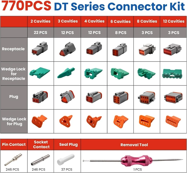 Alt view image 5 of 7 - 770 PCS for Deutsch Connector Kit 2 3 4 6 8 12 Pin DT Connectors Size 16 Solid Contacts Automotive Waterproof Electrical Wire Connector IP67 with Removal Tool for Car,Truck,Marine Wiring