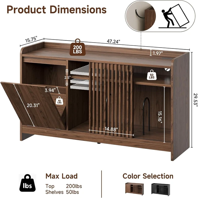 Alt view image 2 of 7 - 48" Record Player Stand w/Flip-Out Storage Cabinet, Sliding Door, Holds 350+Albums-Vinyl Record Table w/Adjustable Shelf Charging Station Modern Turntable Stand for Living Room Bedroom Walnut