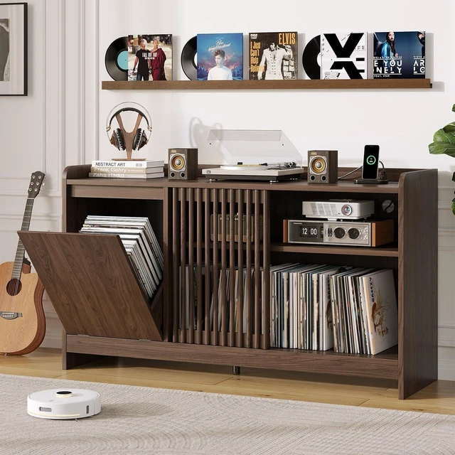 Main image of 48" Record Player Stand w/Flip-Out Storage Cabinet, Sliding Door, Holds 350+Albums-Vinyl Record Table w/Adjustable Shelf Charging Station Modern Turntable Stand for Living Room Bedroom Walnut
