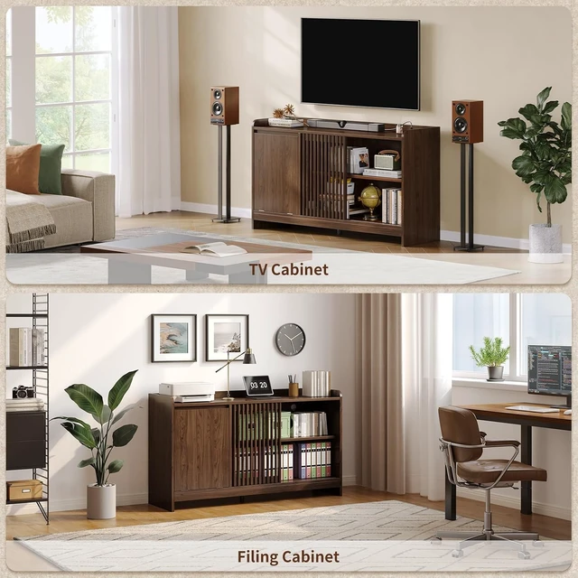 Alt view image 3 of 7 - 48" Record Player Stand w/Flip-Out Storage Cabinet, Sliding Door, Holds 350+Albums-Vinyl Record Table w/Adjustable Shelf Charging Station Modern Turntable Stand for Living Room Bedroom Walnut