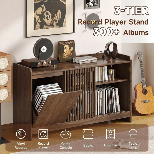 Alt view image 7 of 7 - 48" Record Player Stand w/Flip-Out Storage Cabinet, Sliding Door, Holds 350+Albums-Vinyl Record Table w/Adjustable Shelf Charging Station Modern Turntable Stand for Living Room Bedroom Walnut