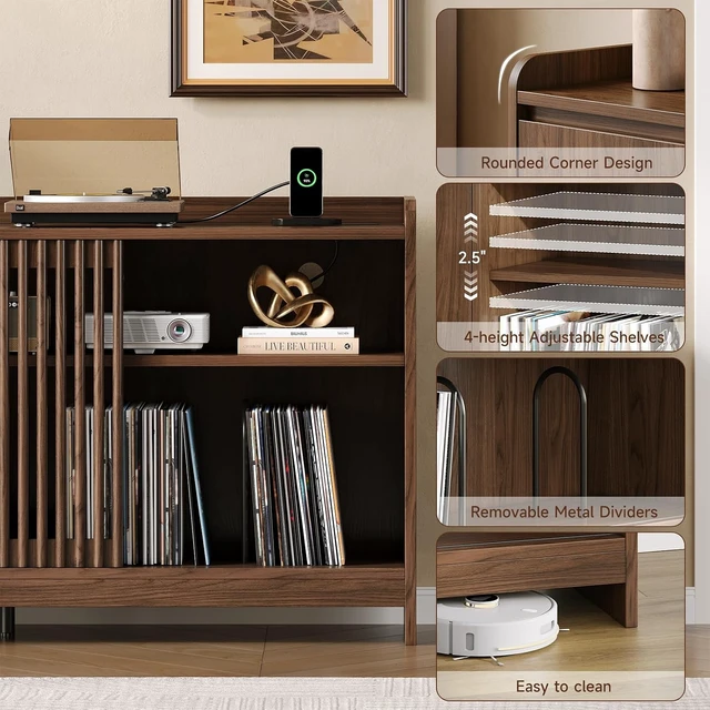 Alt view image 4 of 7 - 48" Record Player Stand w/Flip-Out Storage Cabinet, Sliding Door, Holds 350+Albums-Vinyl Record Table w/Adjustable Shelf Charging Station Modern Turntable Stand for Living Room Bedroom Walnut