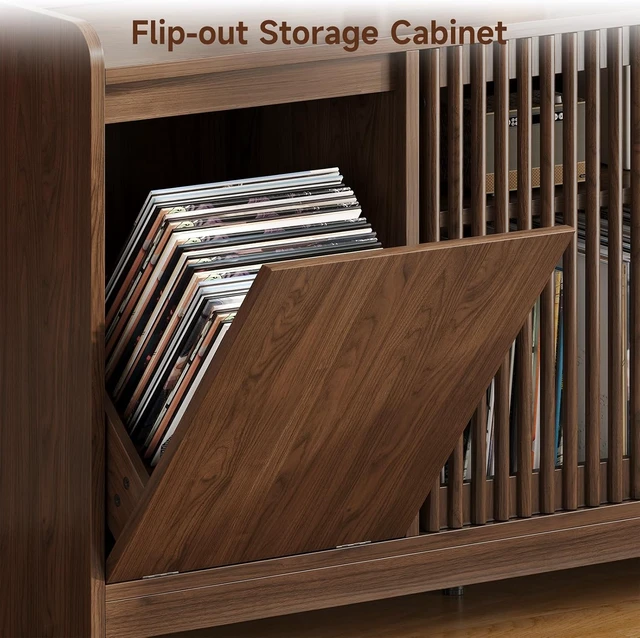 Alt view image 6 of 7 - 48" Record Player Stand w/Flip-Out Storage Cabinet, Sliding Door, Holds 350+Albums-Vinyl Record Table w/Adjustable Shelf Charging Station Modern Turntable Stand for Living Room Bedroom Walnut