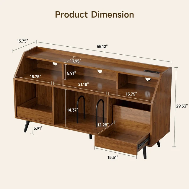 Alt view image 2 of 7 - 55 Inch Record Player Stand with LED Light, Walnut, Modern Vinyl Record Storage Cabinet with 2 Drawers & Open Shelves, Holds up to 500 Albums, Turntable Stand w/Charging Station