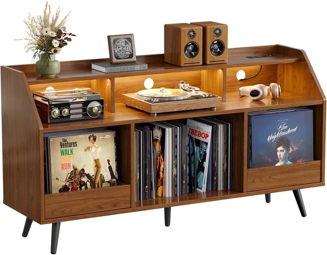 Main image of 55 Inch Record Player Stand with LED Light, Walnut, Modern Vinyl Record Storage Cabinet with 2 Drawers & Open Shelves, Holds up to 500 Albums, Turntable Stand w/Charging Station