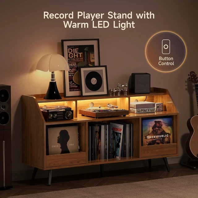 Alt view image 3 of 7 - 55 Inch Record Player Stand with LED Light, Walnut, Modern Vinyl Record Storage Cabinet with 2 Drawers & Open Shelves, Holds up to 500 Albums, Turntable Stand w/Charging Station