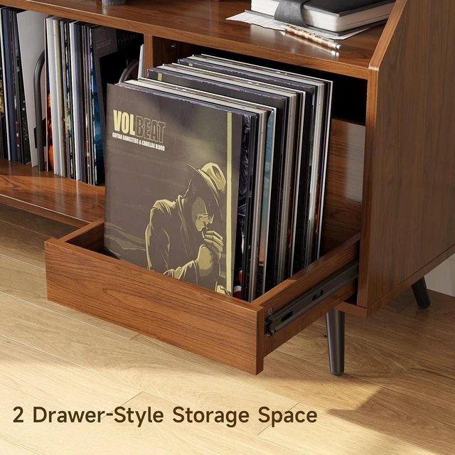 Alt view image 7 of 7 - 55 Inch Record Player Stand with LED Light, Walnut, Modern Vinyl Record Storage Cabinet with 2 Drawers & Open Shelves, Holds up to 500 Albums, Turntable Stand w/Charging Station
