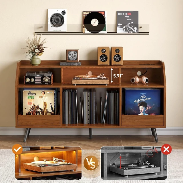 Alt view image 4 of 7 - 55 Inch Record Player Stand with LED Light, Walnut, Modern Vinyl Record Storage Cabinet with 2 Drawers & Open Shelves, Holds up to 500 Albums, Turntable Stand w/Charging Station