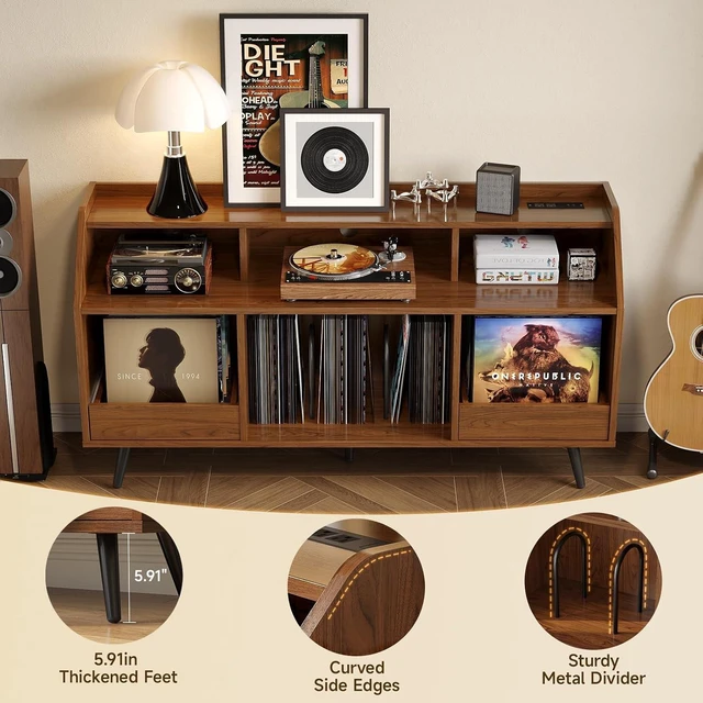 Alt view image 6 of 7 - 55 Inch Record Player Stand with LED Light, Walnut, Modern Vinyl Record Storage Cabinet with 2 Drawers & Open Shelves, Holds up to 500 Albums, Turntable Stand w/Charging Station