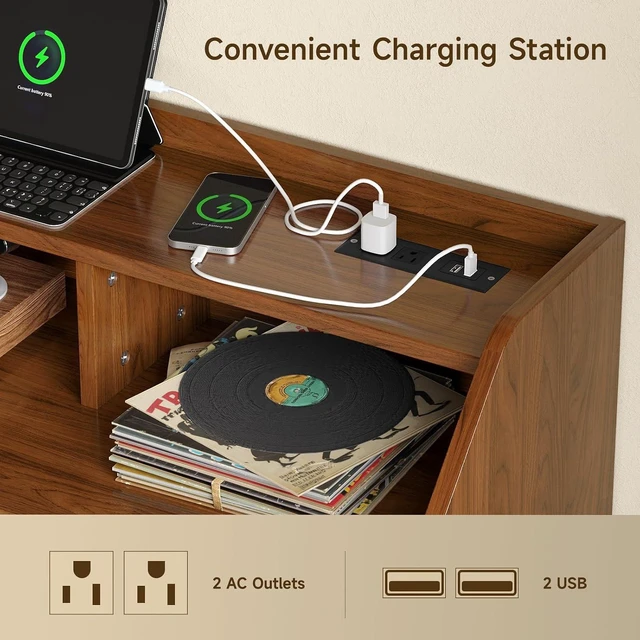 Alt view image 5 of 7 - 55 Inch Record Player Stand with LED Light, Walnut, Modern Vinyl Record Storage Cabinet with 2 Drawers & Open Shelves, Holds up to 500 Albums, Turntable Stand w/Charging Station