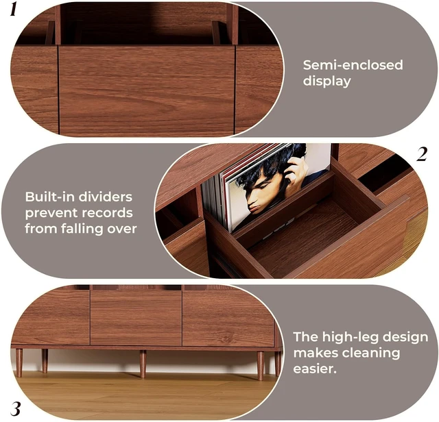 Alt view image 3 of 7 - 47.2" Large Record Player Stand, Vinyl Record Storage Cabinet, Fit 7/10"/12" Vinyl Record, Mid Century Turntable Stand, Media Cabinet with 6 DVD Drawers for Living Room, Music Corner
