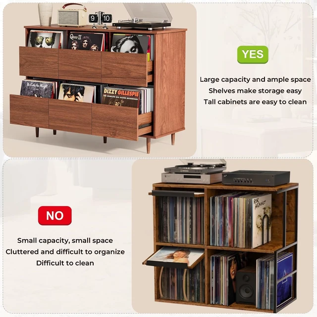 Alt view image 6 of 7 - 47.2" Large Record Player Stand, Vinyl Record Storage Cabinet, Fit 7/10"/12" Vinyl Record, Mid Century Turntable Stand, Media Cabinet with 6 DVD Drawers for Living Room, Music Corner