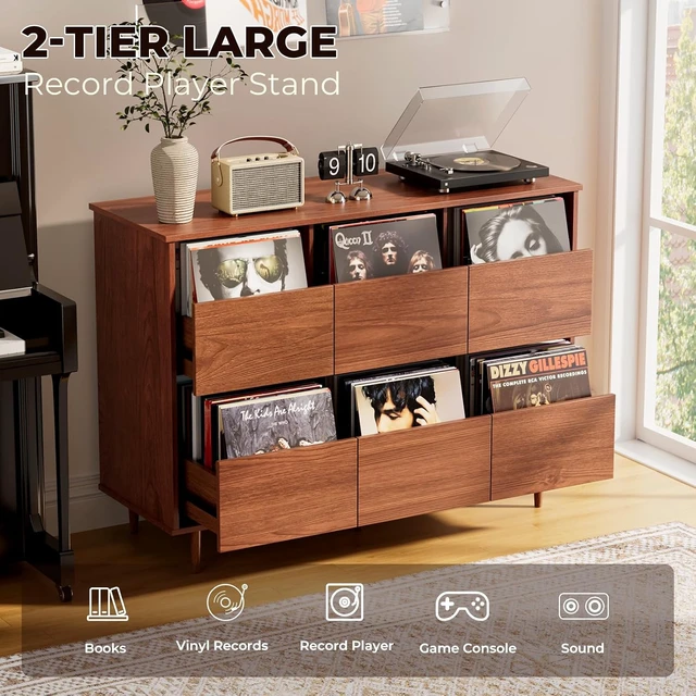 Alt view image 4 of 7 - 47.2" Large Record Player Stand, Vinyl Record Storage Cabinet, Fit 7/10"/12" Vinyl Record, Mid Century Turntable Stand, Media Cabinet with 6 DVD Drawers for Living Room, Music Corner