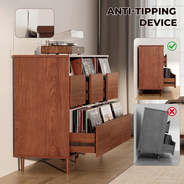 Alt view image 7 of 7 - 47.2" Large Record Player Stand, Vinyl Record Storage Cabinet, Fit 7/10"/12" Vinyl Record, Mid Century Turntable Stand, Media Cabinet with 6 DVD Drawers for Living Room, Music Corner