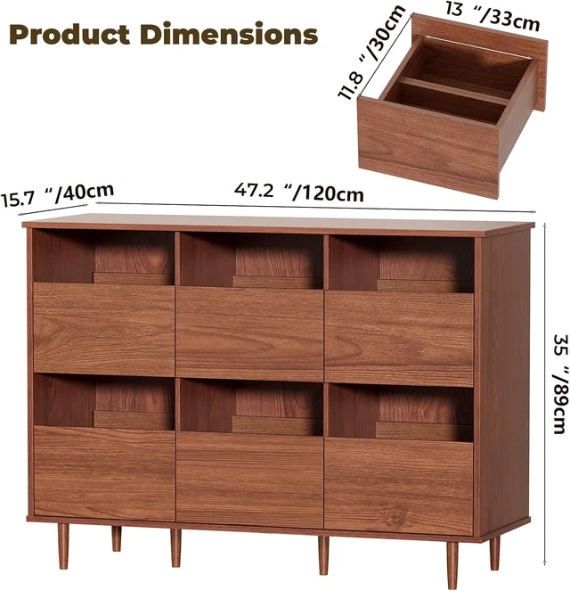 Alt view image 2 of 7 - 47.2" Large Record Player Stand, Vinyl Record Storage Cabinet, Fit 7/10"/12" Vinyl Record, Mid Century Turntable Stand, Media Cabinet with 6 DVD Drawers for Living Room, Music Corner