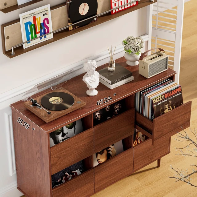 Alt view image 5 of 7 - 47.2" Large Record Player Stand, Vinyl Record Storage Cabinet, Fit 7/10"/12" Vinyl Record, Mid Century Turntable Stand, Media Cabinet with 6 DVD Drawers for Living Room, Music Corner