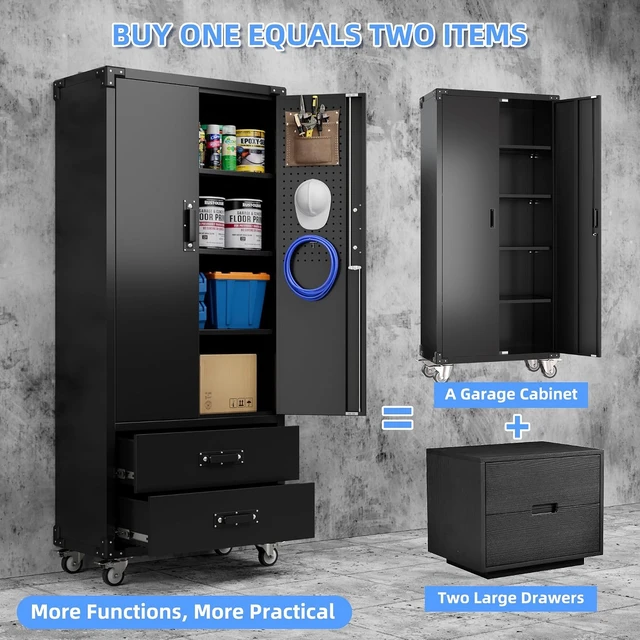 Alt view image 7 of 7 - Rolling Storage Cabinet with 2 Doors and 2 Drawers, Heavy Duty Metal Storage Cabinet with Shelves, Locking Steel Cabinet for Warehouse, Home, Office (Black)