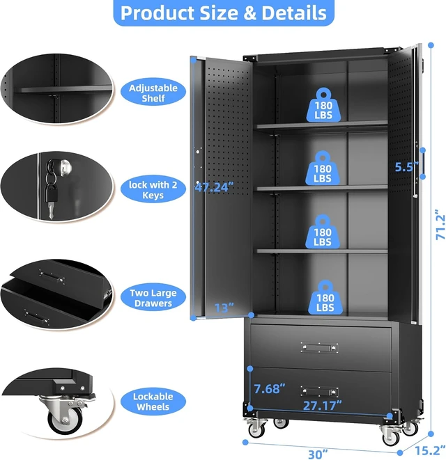 Alt view image 2 of 7 - Rolling Storage Cabinet with 2 Doors and 2 Drawers, Heavy Duty Metal Storage Cabinet with Shelves, Locking Steel Cabinet for Warehouse, Home, Office (Black)