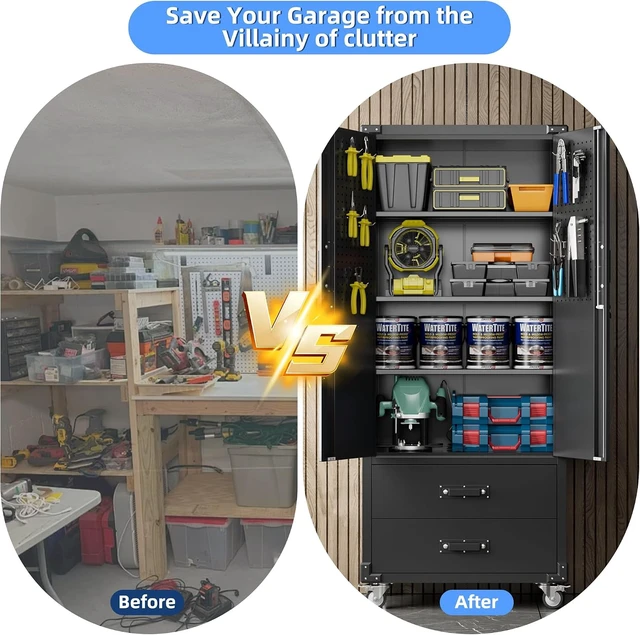 Alt view image 5 of 7 - Rolling Storage Cabinet with 2 Doors and 2 Drawers, Heavy Duty Metal Storage Cabinet with Shelves, Locking Steel Cabinet for Warehouse, Home, Office (Black)