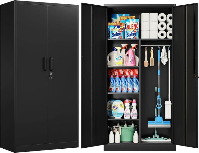 Main image of Wide & Deep Metal Storage Cabinet with Hanging Rod,Black Broom Closet Storage Cabinet with Lock,72" Tall Wardrobe Cabinets with Doors and Shelves,Locking Steel Tool Cabinets for Home,Office,Garage
