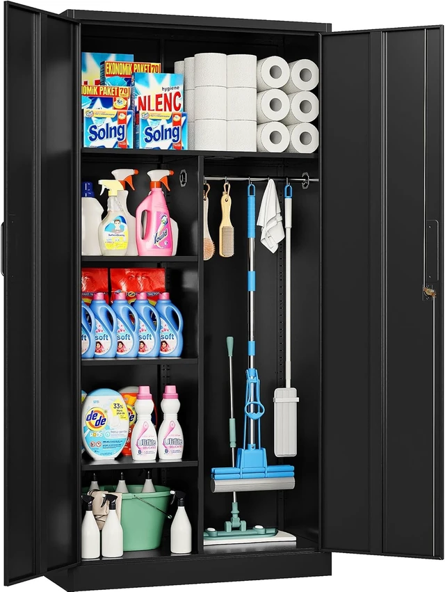 Alt view image 5 of 7 - Wide & Deep Metal Storage Cabinet with Hanging Rod,Black Broom Closet Storage Cabinet with Lock,72" Tall Wardrobe Cabinets with Doors and Shelves,Locking Steel Tool Cabinets for Home,Office,Garage