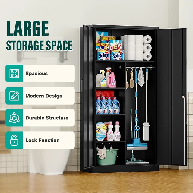 Alt view image 6 of 7 - Wide & Deep Metal Storage Cabinet with Hanging Rod,Black Broom Closet Storage Cabinet with Lock,72" Tall Wardrobe Cabinets with Doors and Shelves,Locking Steel Tool Cabinets for Home,Office,Garage
