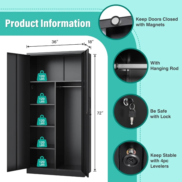 Alt view image 7 of 7 - Wide & Deep Metal Storage Cabinet with Hanging Rod,Black Broom Closet Storage Cabinet with Lock,72" Tall Wardrobe Cabinets with Doors and Shelves,Locking Steel Tool Cabinets for Home,Office,Garage