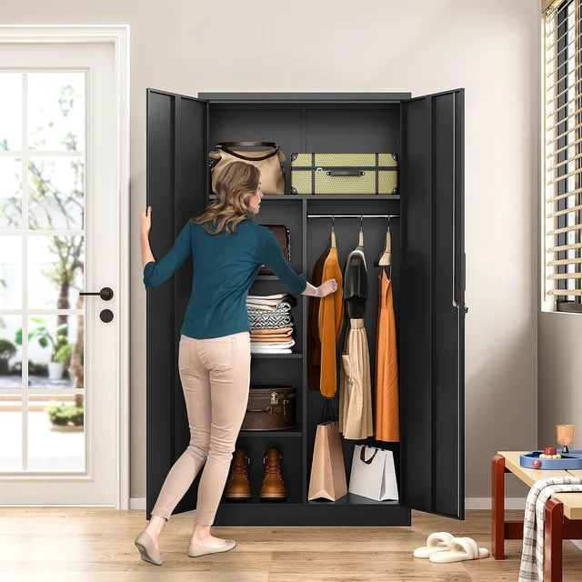 Alt view image 4 of 7 - Wide & Deep Metal Storage Cabinet with Hanging Rod,Black Broom Closet Storage Cabinet with Lock,72" Tall Wardrobe Cabinets with Doors and Shelves,Locking Steel Tool Cabinets for Home,Office,Garage
